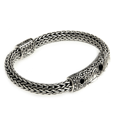 Men's onyx braided bracelet, 'Splendid Dragon' - Men's Sterling Silver Handmade Bracelet
