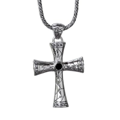 Men's onyx cross necklace, 'Keeping the Faith' - Men's Sterling Silver and Onyx Cross Necklace