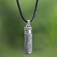 Sterling Silver and Leather Locket Necklace, 'Secret Path