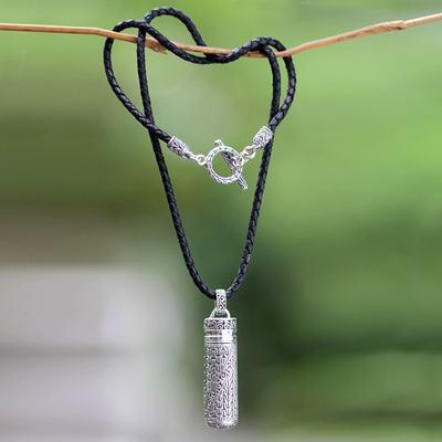 Men's leather locket necklace, 'Heart of Courage' - Men's Sterling Silver Locket Necklace