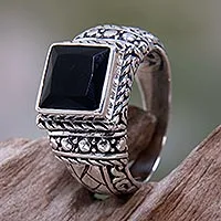 Anillo solitario de ónix para hombre, 'Sultan' - Anillo de plata de ley y ónix para hombre