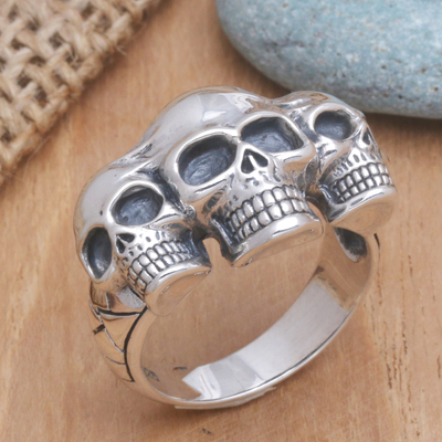 Men's sterling silver ring, 'Skull Trio' - Men's Sterling Silver Ring from Indonesia