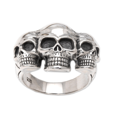 Men's sterling silver ring, 'Skull Trio' - Men's Sterling Silver Ring from Indonesia