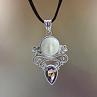 Amethyst and cow bone pendant necklace, 'Guardian Moon' - Amethyst and Cow Bone Pendant Necklace