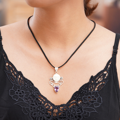 Amethyst and cow bone pendant necklace, 'Guardian Moon' - Amethyst and Cow Bone Pendant Necklace