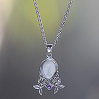 Amethyst and cow bone floral necklace, 'Mother Earth Sleeps' - Amethyst and Sterling Silver Floral Pendant Necklace