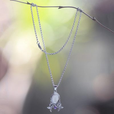 Amethyst and cow bone floral necklace, 'Mother Earth Sleeps' - Amethyst and Bone Pendant Necklace