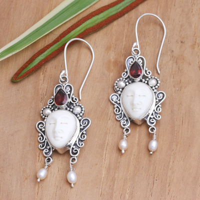 Pearl and garnet dangle earrings, 'Beautiful Dedes' - Sterling Silver Bone and Pearl Earrings