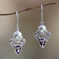 Pearl and amethyst dangle earrings, 'Guardian Moon' - Pearl Amethyst Sterling Silver Earrings