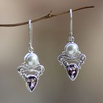 Pearl and amethyst dangle earrings, 'Guardian Moon' - Amethyst and Pearl Dangle Earrings