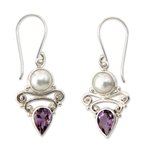Pearl and amethyst dangle earrings, 'Guardian Moon' - Amethyst and Pearl Dangle Earrings