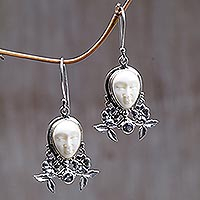 Amethyst and cow bone floral earrings, 'Mother Earth Sleeps' - Amethyst and Cow Bone Floral Earrings