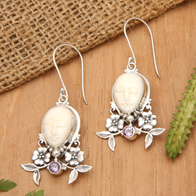 Amethyst floral earrings, 'Mother Earth Sleeps' - Amethyst and Hand Carved Floral Earrings