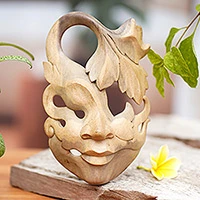 Wood mask, 'Shy Maiden' - Carved Mask Featuring a Young Woman's Face