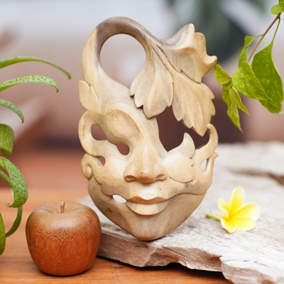 Wood mask, 'Shy Maiden' - Unique Contemporary Wall Mask