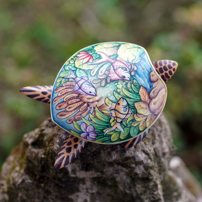 Wood jewellery box, 'Sea Turtle' - Hand Crafted Wood jewellery Box
