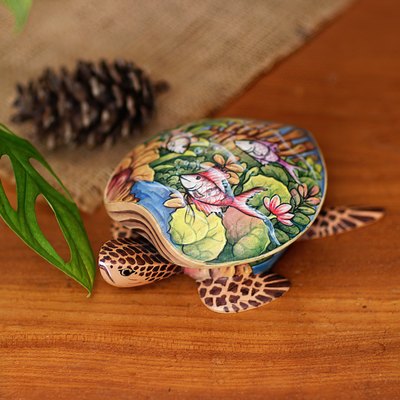 Wood jewellery box, 'Sea Turtle' - Hand Crafted Wood jewellery Box
