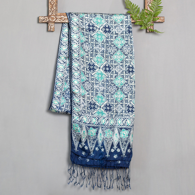 Silk batik shawl, 'Blue Sarangan' - Batik Silk Shawl Handmade in Indonesia