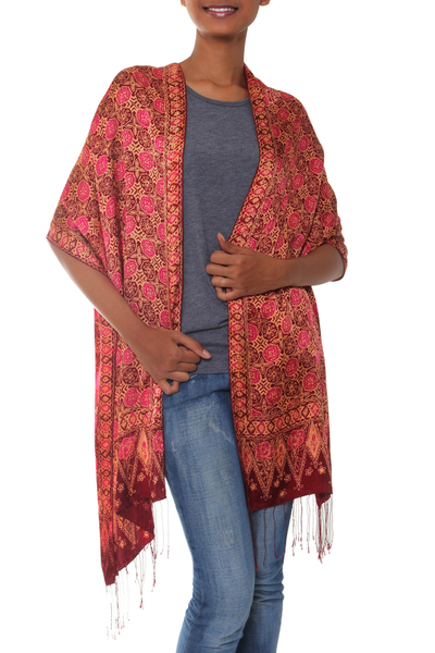 Silk batik shawl, 'Scarlet Lily' - Hand Made Indonesian Silk Shawl