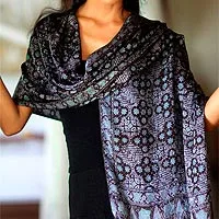 Batik silk shawl, 'Java Sea' - Batik Silk Shawl with Kawung Motifs from Bali