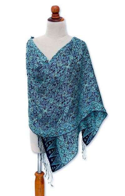 Silk batik shawl, 'Javanese Blue' - Handcrafted Floral Silk Shawl