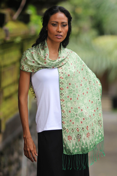Silk batik shawl, 'Emerald Garden' - Unique Indonesian Women's Batik Silk Shawl