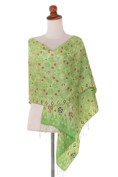 Silk batik shawl, 'Emerald Garden' - Unique Indonesian Women's Batik Silk Shawl