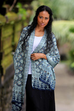 Silk batik shawl, 'Frangipani Floral' - Silk batik shawl