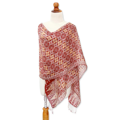 Silk batik shawl, 'Red Lotus Floral' - Hand Crafted Batik Silk Shawl