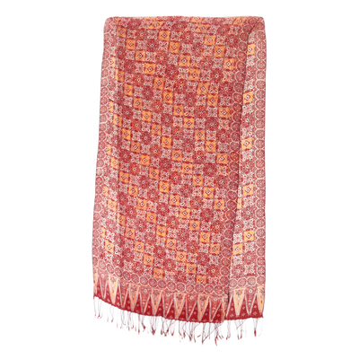 Silk batik shawl, 'Red Lotus Floral' - Hand Crafted Batik Silk Shawl