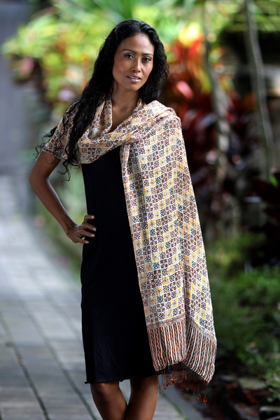 Silk batik shawl, 'Golden Lotus Floral' - Silk batik shawl