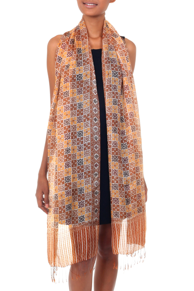 Silk batik shawl, 'Golden Lotus Floral' - Silk batik shawl