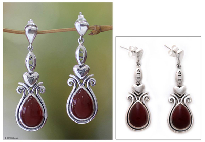 Carnelian heart earrings, 'Sumatra Style' - Carnelian heart earrings