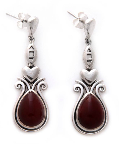 Carnelian heart earrings, 'Sumatra Style' - Carnelian heart earrings