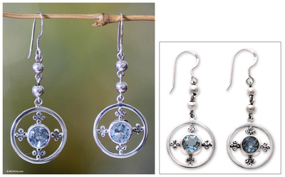 Blue topaz dangle earrings, 'Around the World' - Handcrafted Sterling Silver and Blue Topaz Dangle Earrings