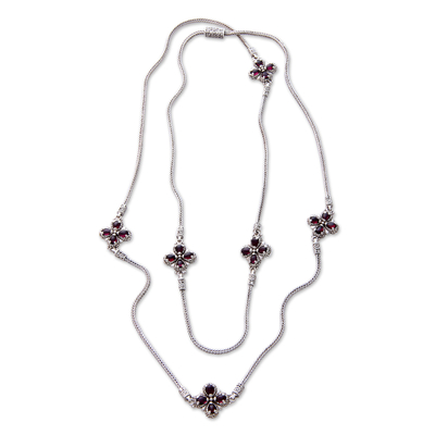 Garnet flower long necklace, 'Red Frangipani' - Floral Sterling Silver and Garnet Necklace