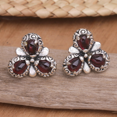 Garnet flower earrings, 'Red Bougainvillea' - Artisan Crafted Sterling Silver and Garnet Button Earrings