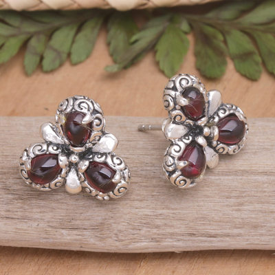 Garnet flower earrings, 'Red Bougainvillea' - Artisan Crafted Sterling Silver and Garnet Button Earrings
