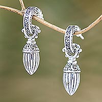 Sterling silver dangle earrings, 'Balinese Walnut' - Elegant Half Hoop with Extravagent Sterling Danglers