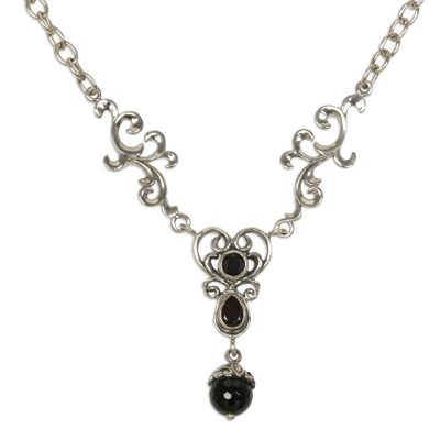 Onyx and garnet Y necklace, 'Arabesque Heart' - Hand Made Sterling Silver and Onyx Y Necklace