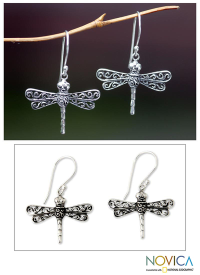 Sterling silver dangle earrings, 'Lucky Dragonflies' - Artisan Crafted Sterling Silver Dangle Earrings