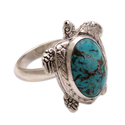 Men's sterling silver cocktail ring, 'Chelonia Turtle' - Men's Sterling Silver and Reconstituted Turquoise Ring