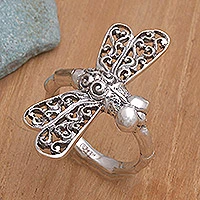 Anillo de cóctel de plata de ley, 'Lucky Dragonfly' - Anillo de cóctel de plata de ley de joyería artesanal