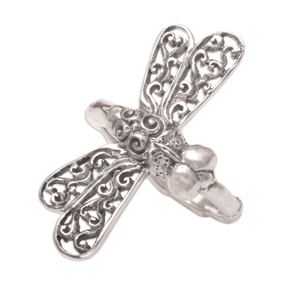 Sterling silver cocktail ring, 'Lucky Dragonfly' - Artisan Jewelry Sterling Silver Cocktail Ring