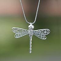 Sterling silver pendant necklace, 'Lucky Dragonfly' - Unique Indonesian Sterling Silver Pendant Necklace