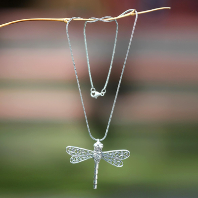 Sterling silver pendant necklace, 'Lucky Dragonfly' - Unique Indonesian Sterling Silver Pendant Necklace