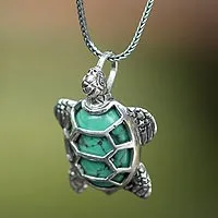 Sterling silver pendant necklace, 'Chelonia Turtle' - Sterling Silver and Reconstituted Turquoise Necklace