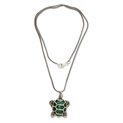 Sterling silver pendant necklace, 'Chelonia Turtle' - Sterling Silver and Reconstituted Turquoise Necklace