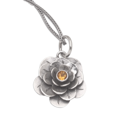 Citrine flower necklace, 'Holy Lotus' - Hand Crafted Sterling Silver Citrine Pendant Necklace