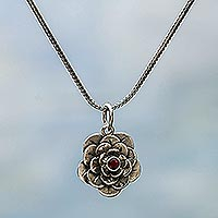 Garnet flower necklace, 'Holy Lotus' - Floral Sterling Silver and Garnet Pendant Necklace